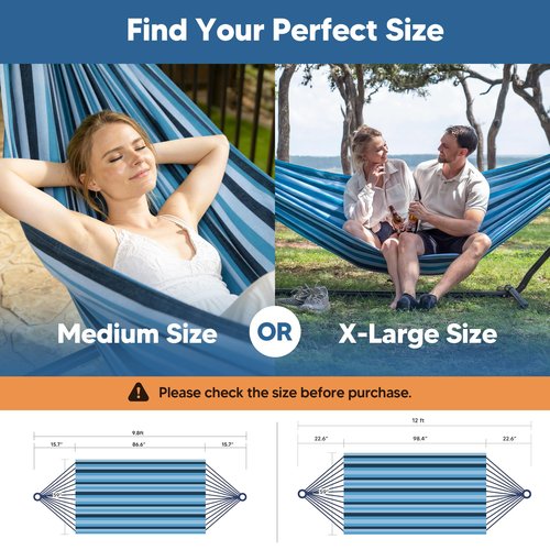 SUNCREAT Hammocks Outdoor Camping Double Hammock, Extra Large 2 Person Hammock for Camping, Blue Stripes