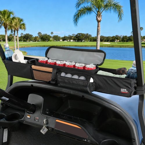 KEMIMOTO Golf Cart Storage Bag, Front Storage Basket with Insulated, Foldable Golf Cart Organizer Bag, Compatible with EZGO Club Car Precedent, Tempo, Onward, Drive2, No Drilling, Black