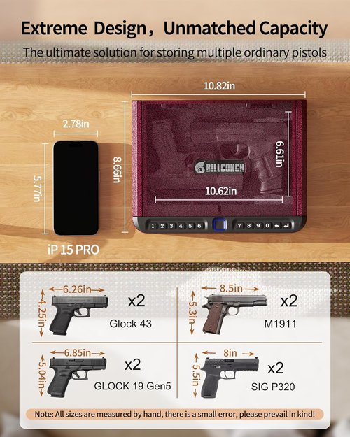 BILLCONCH Biometric Gun Safe - Quick Access Pistol Safe with Fingerprint, Keypad & APP Lock | Burgundy Red