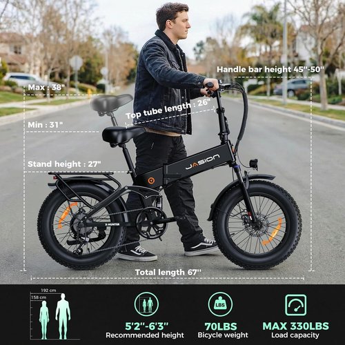 Jasion X-Hunter Foldable Electric Bike - 1400W Motor, 30MPH, 70+ Miles Range, 20'' Fat Tires | Black & Grey