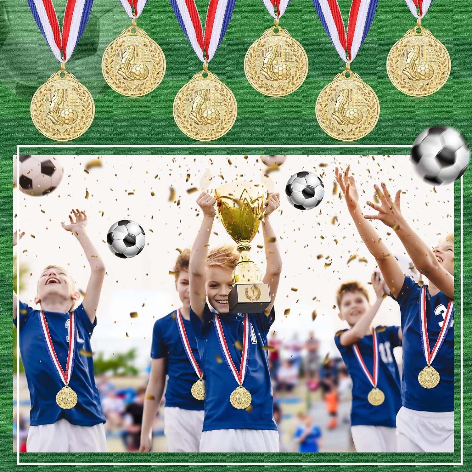 Yinkin 24-Piece Soccer Gold Award Medals Set - Metal Trophies with Red, White & Blue Ribbons for Team Competitions