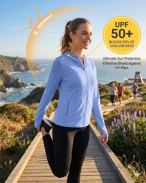 Isnowood Women's UPF 50+ Sun Protection Rash Guard - Lightweight Long Sleeve Zip Hoodie Jacket