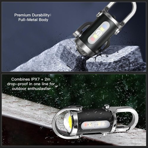 BudaTao Emergency Keychain Flashlight（3 in 1）, Rechargeable 500 Lumens EDC Tool with Red/Blue Strobe, 1000mAh USB-C Charging, IPX7 Waterproof, Portable Flashlight for Emergencies (Black＆Silver)