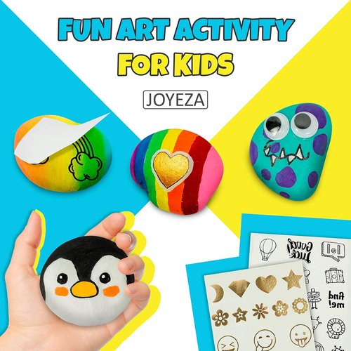 JOYEZA Rock Painting Kit Deluxe - Arts and Crafts Set for Kids Age 6+ | 12 Waterproof Rocks & Paints