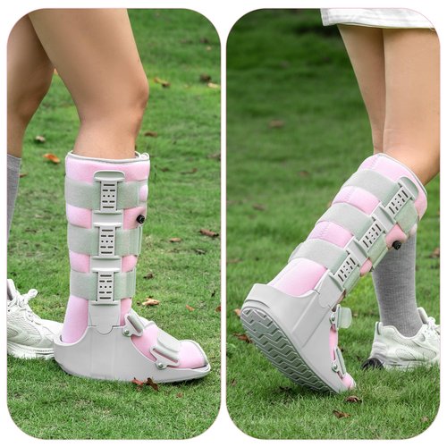Jewlri Tall Walking Boot for Broken Foot, Air Cam Walker Boot for Foot Injury, Sprained Ankle, Fracture Recovery, Grey Shell with Light Pink Lining Women Medium