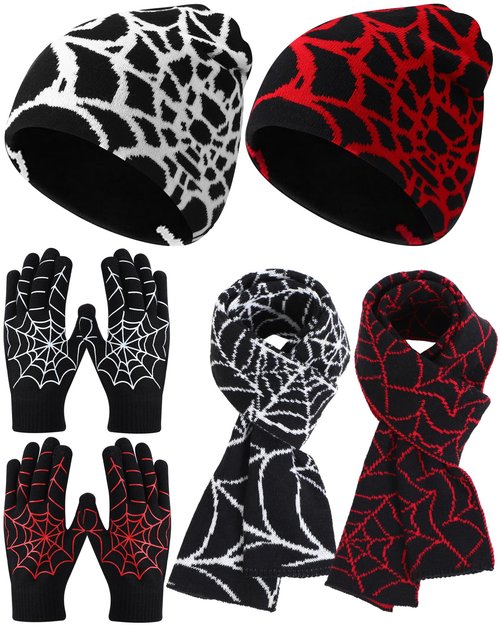 Shihanee 6 Pcs Y2k Beanies Set Spiderweb Pattern Include 2 Gothic Acrylic Knitted Hats/Gloves/Scarves, Stretchable Unisex Casual Streetwear Outdoor Winter for Men Women, Black, Red, White