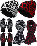 Shihanee 6 Pcs Y2k Beanies Set Spiderweb Pattern Include 2 Gothic Acrylic Knitted Hats/Gloves/Scarves, Stretchable Unisex Casual Streetwear Outdoor Winter for Men Women, Black, Red, White