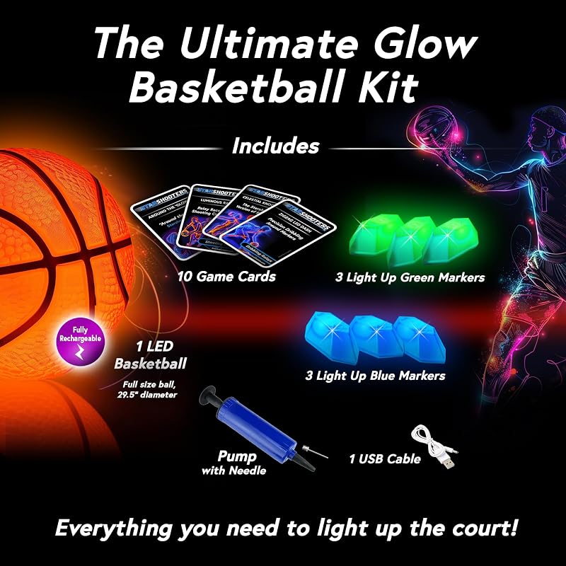 Light Up Basketball Set with Glow-in-the-Dark Markers – Rechargeable 29.5" Size 7 Ball + 6 Markers + 10 Game Modes