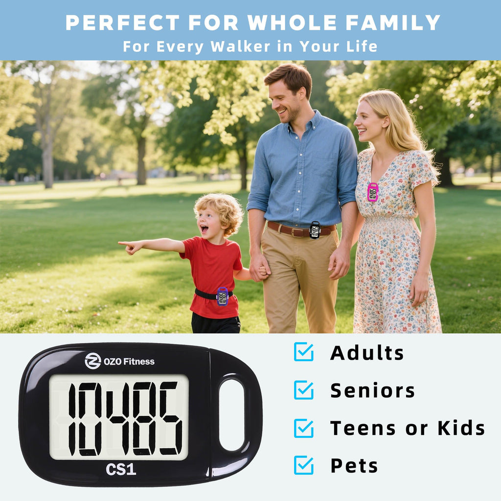 OZO Fitness Clip-on 3D Pedometer for Walking Steps Counter with Lanyard, Simple Exercise Tracker for Women and Seniors with Large Accurate Digital Display, Portable Minimalist Sports Monitor, Black