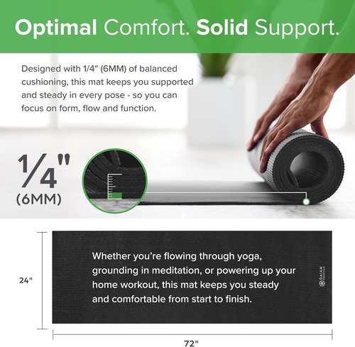Gaiam Essentials Yoga & Pilates Mat - 1/4" Thick (6mm) with Easy-Cinch Carrier Strap for Comfort & Support