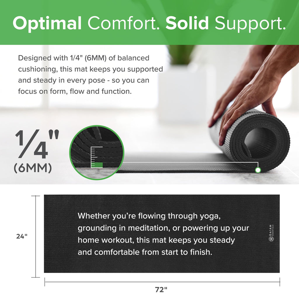 Gaiam Essentials 1/4" Thin (6mm) Yoga & Pilates, Fitness & Exercise Mat with Easy-Cinch Carrier Strap Cusion Support For Fitness and Gym Workouts
