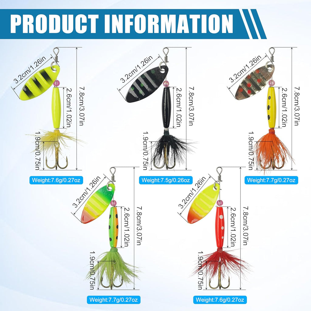 Spinnerbaits Rooster Fishing Lures Kit - Hard Metal Inline Spinner Baits for Bass, Salmon & Trout