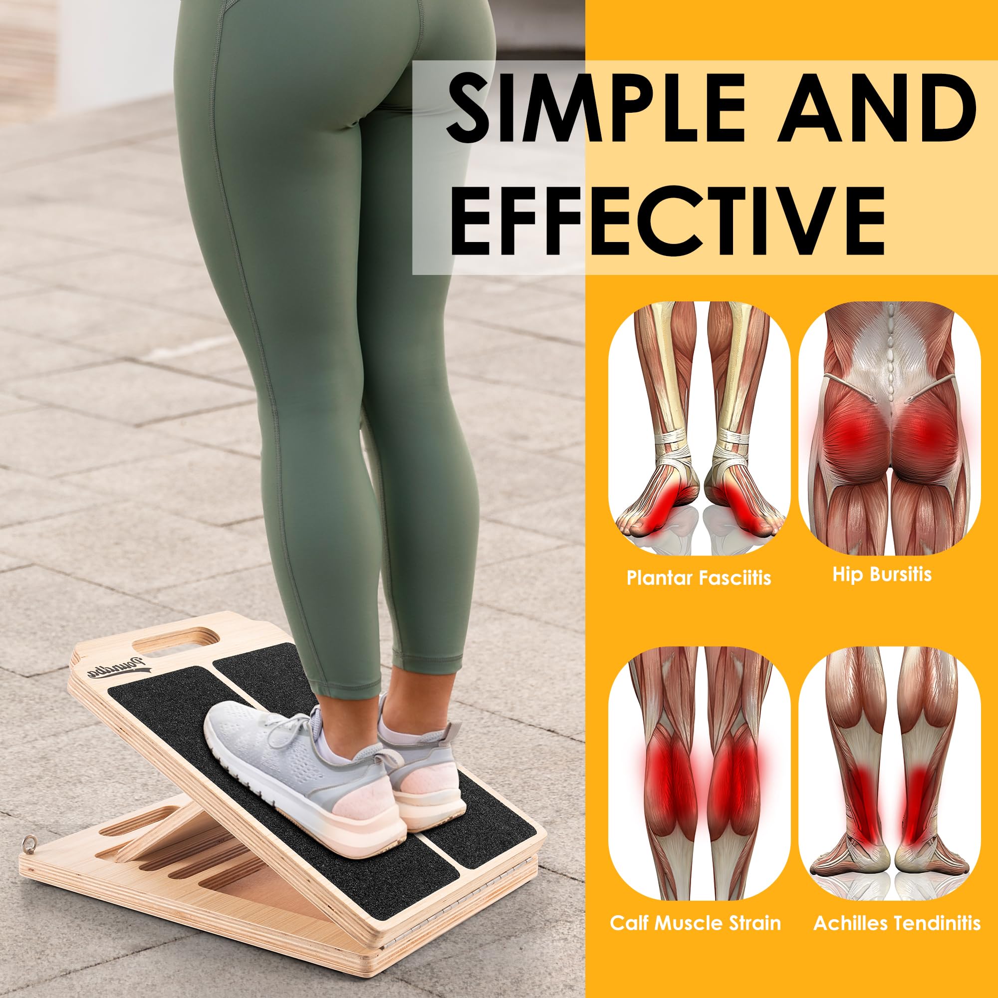 Wooden Slant Board for Calf Stretching, Adjustable Portable Incline Board with 10 - pound Pull Rope, Comes with Training Poster, 300 Lbs Weight Capacity for Leg, Knees and Ankle Stretching