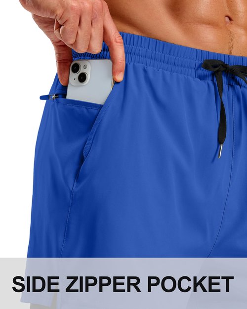 Pudolla Men's 2 in 1 Workout Running Shorts 5" Quick Dry Lined Gym Shorts Athletic with 4 Pockets for Men Tennis Training(Bright Blue Large)