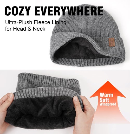 Wmcaps Fleece Lined Beanie & Neck Warmer Gift Set for Men – Windproof Winter Hat and Scarf, Soft Thermal Cold Weather Gear for Skiing, Hiking, Outdoor Work