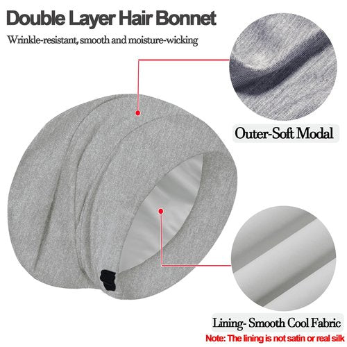 2pcs Sleep Cap Bonnet for Sleeping, Adjustable Cooling Ice Silk Lined Hair Bonnets for Natural Curly Braids Beanie Hat Women Men