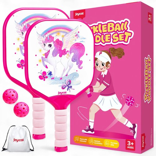 Joycat Kids Pink Pickleball Paddles Set, 2 Cute Pickleball Paddles for Kids with Small Grip,2 Pickleballs, 1 Drawstring Bag,Indoor Outdoor Sport Gifts for Girls(Unicorn)