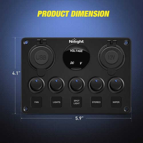 Nilight 90101E Multi-Function 5 Gang Rocker Switch Panel - Dual USB Charger & Digital Voltmeter for RV, Boat, Truck, Trailer - 12V Outlet with Circuit Breakers, Blue