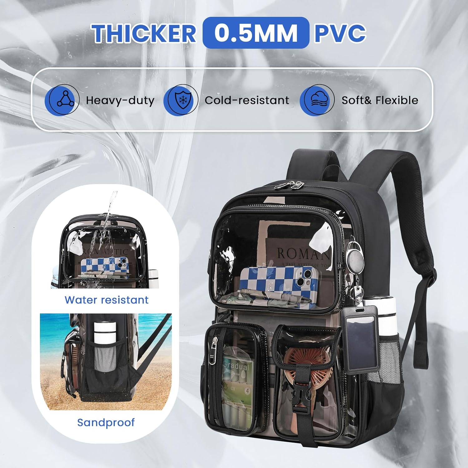 Skiennix Clear Backpack - Heavy Duty Transparent Bookbag for School | Semi-Black with Badge Holder