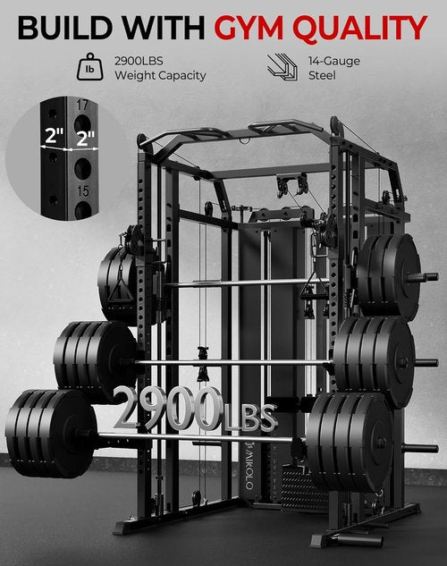 Mikolo Smith Machine - Multi-Functional Home Gym System with Weight Stack & LAT Pulldown | 10+ Free Attachments