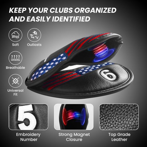 FINGER TEN Golf Club Covers for Irons Magnetic Value 11 Pack, Synthetic Leather Deluxe Head Cover Set Headcovers for Irons Fit Main Iron Clubs (Black-USA Flag)