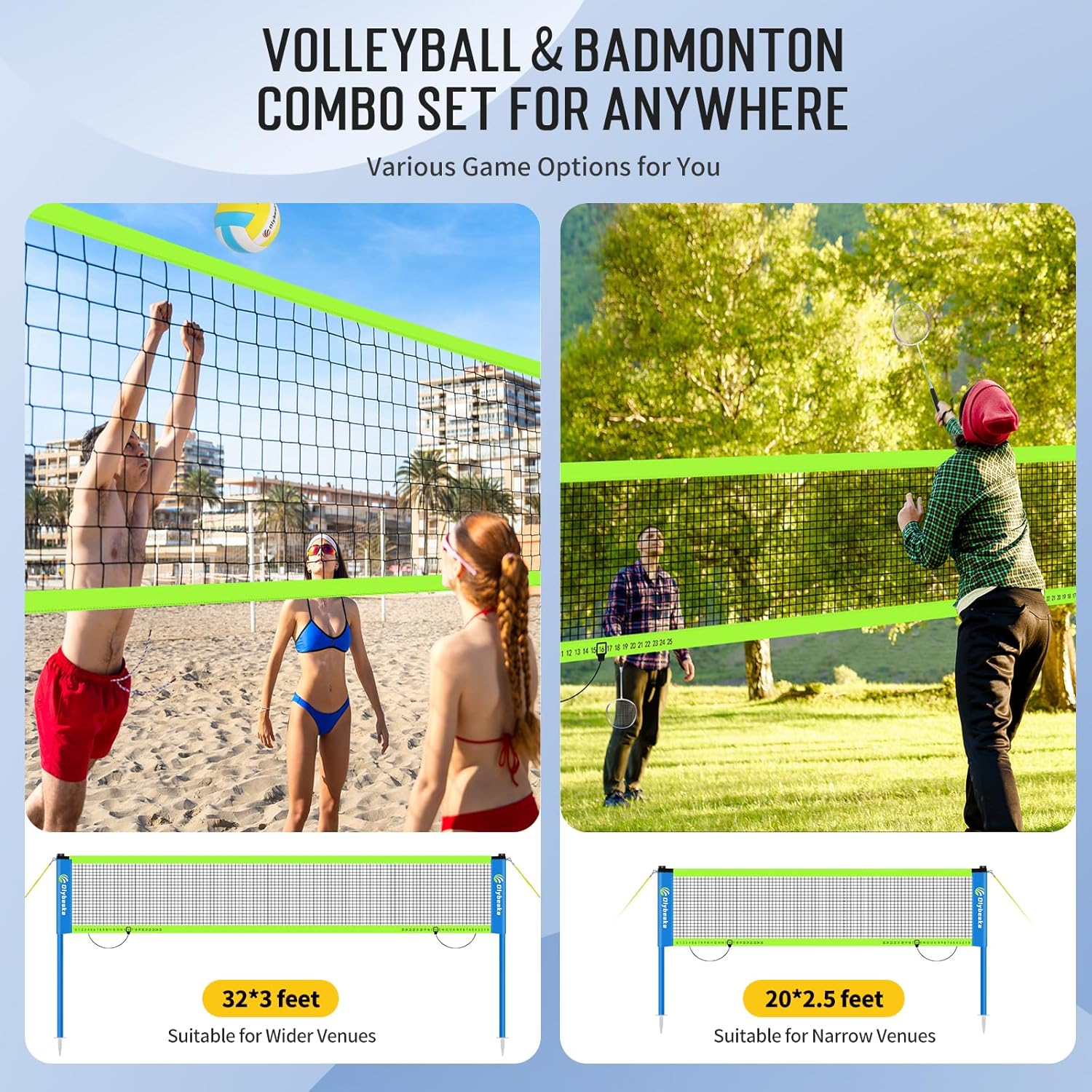 Regine Switzerland Outdoor Volleyball & Badminton Combo Net Set - Adjustable Poles, 4 Rackets, Portable Carry Bag
