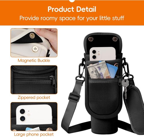 AceTreker Water Bottle Carrier Bag with Phone Pocket for Stanley 40/30 oz Tumbler Neoprene Insulated Mug Sleeve Pouch with 2 Pockets & Adjustable Strap & Straw Cover for Stanley Cup Accessories