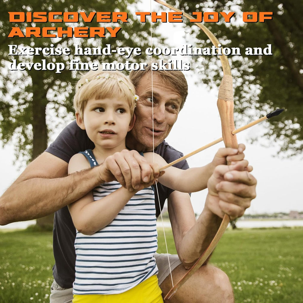 Skiennix Kids Bow and Arrow Set - 32-Inch Handmade Wooden Archery Toy for Ages 6-12 | Includes 10 Arrows, Quiver & Targets