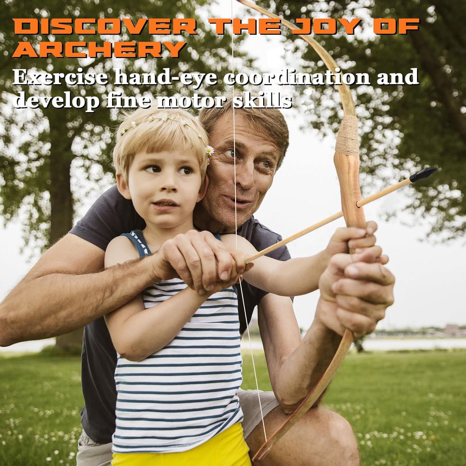 Skiennix Kids Bow and Arrow Set - 32-Inch Handmade Wooden Archery Toy for Ages 6-12 | Includes 10 Arrows, Quiver & Targets