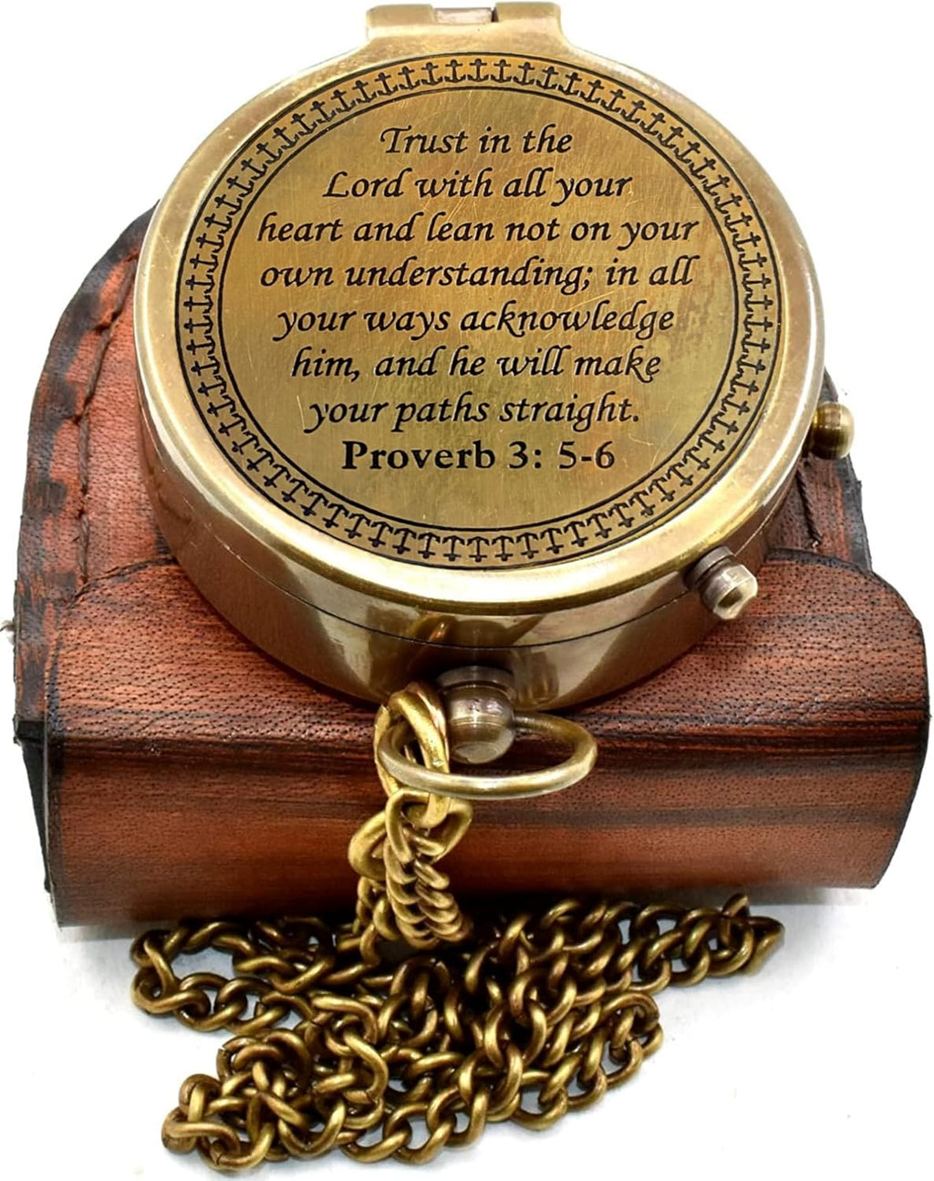 Trust In The Lord Brass Compass - Engraved Proverbs 3:5-6 Inspirational Pocket Compass with Leather Case | Perfect Christian Gift for Graduation or Birthday