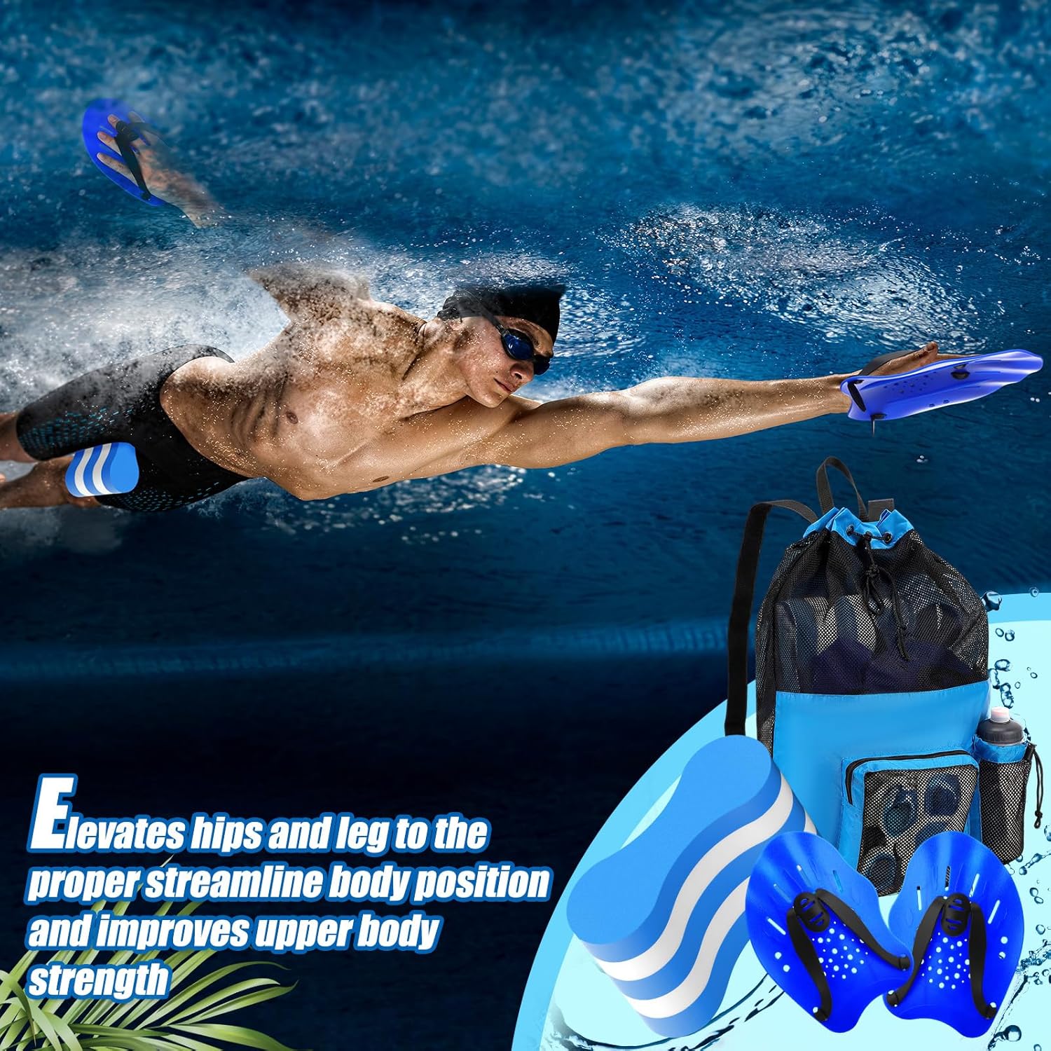 Skiennix Swim Training Equipment Kit - 4 Pcs Pull Buoy & Hand Paddles with Mesh Backpack for Adults