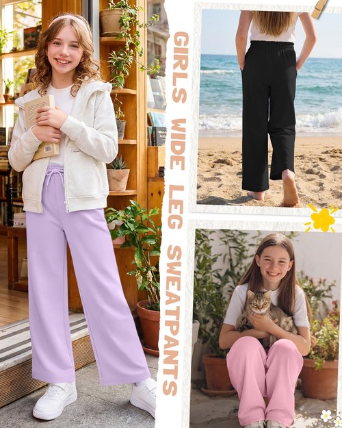 LessonZoo 3 Pack Girls' Sweatpants Straight Wide Leg Kids Drawstring Casual Joggers Teen Loose Athletic Pants with Pockets(9-10 Years,Light Purple, Pink, Black)