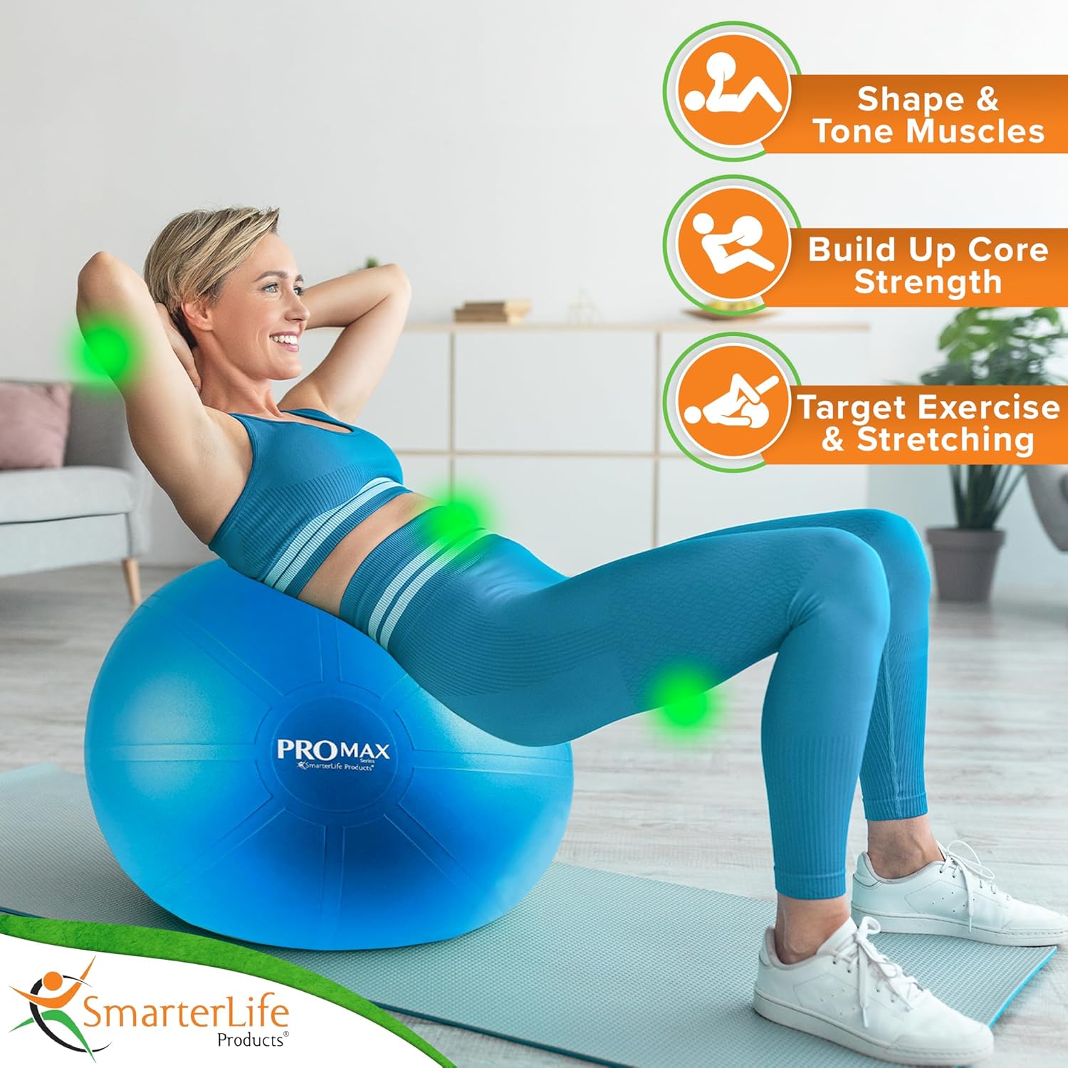SmarterLife PRO MAX Exercise Ball - Anti-Burst Yoga & Stability Trainer for Core Workouts | Fitness & Therapy Support