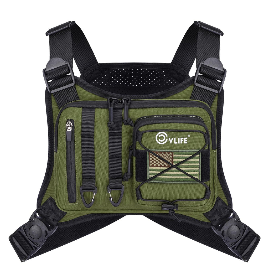 CVLIFE Outdoor Chest Bag for Men, Tactical Chest Pack with Phone Holder, Adjustable Running Vest Bag with Extra Storage, Lightweight Anti-theft EDC Rig for Hiking, Cycling, Sports, Workouts, Green