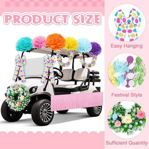 Suncalla 16 Pcs Easter Golf Cart Decorations Spring Party Decorations Festival Bowties Pastel Wreath Tinsel Garland Fringe Tissue Paper Flowers for Golf Cart Party Supplies Decor(Easter)