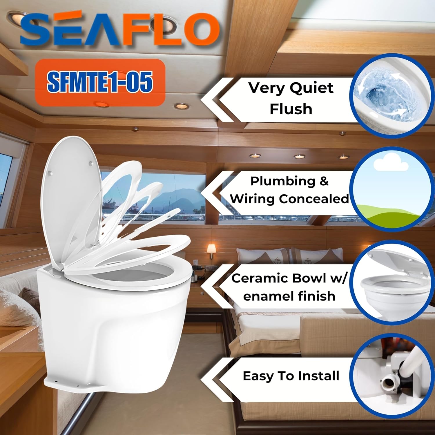 SEAFLO 12V Deluxe Electric Marine Toilet - Ceramic Bowl with Soft Close Seat & Built-In Macerator | Quiet Freshwater Flush, 4-Year Warranty