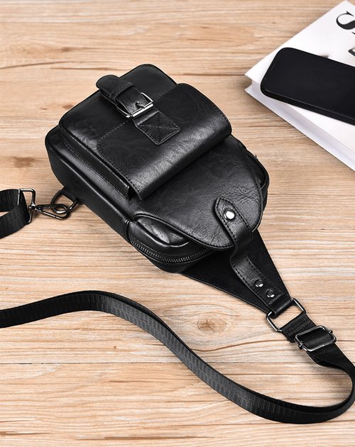 Geanbun Men's Leather Crossbody Sling Bag - Anti-Theft Multi-pocket Shoulder Bag for Hiking Trave (Black)