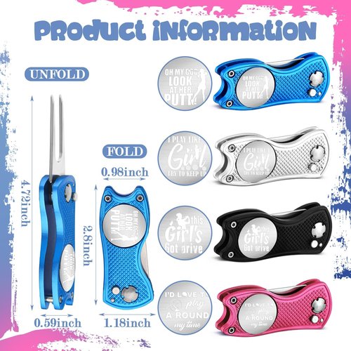 WinnerWhy 4 Pcs Golf Gifts for Women Golf Divot Repair Tool with Magnetic Button Ball Marker Divot Tool Stainless Steel Foldable Golf Divot Tool Golf Accessory for Woman Mom Golfers Golf Lover