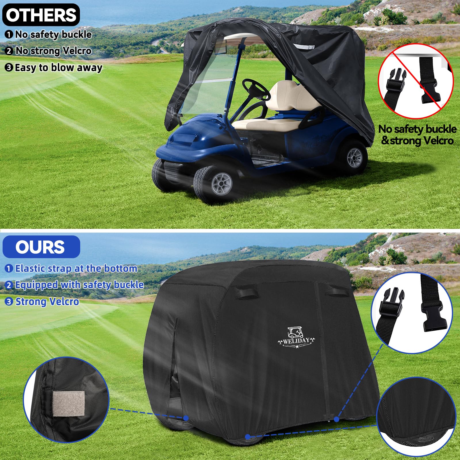 WELIDAY Golf Cart Cover Compatible with Yamaha EZGO Club Car, 2/4/4+2 Passengers Golf Cart Cover with Three Zipper Doors, Water Resistant Polyester Fabric for All-Weather Protection