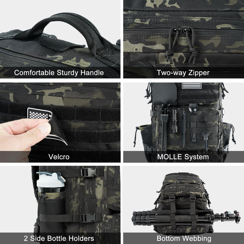 kookoomia Military Tactical Backpack 50L Large Day Backpack for Men Molle Army 3 Days Assault Pack Bug Out Bag Water Resistant and Heavy Duty Hiking Treeking Rucksack - Black Camo