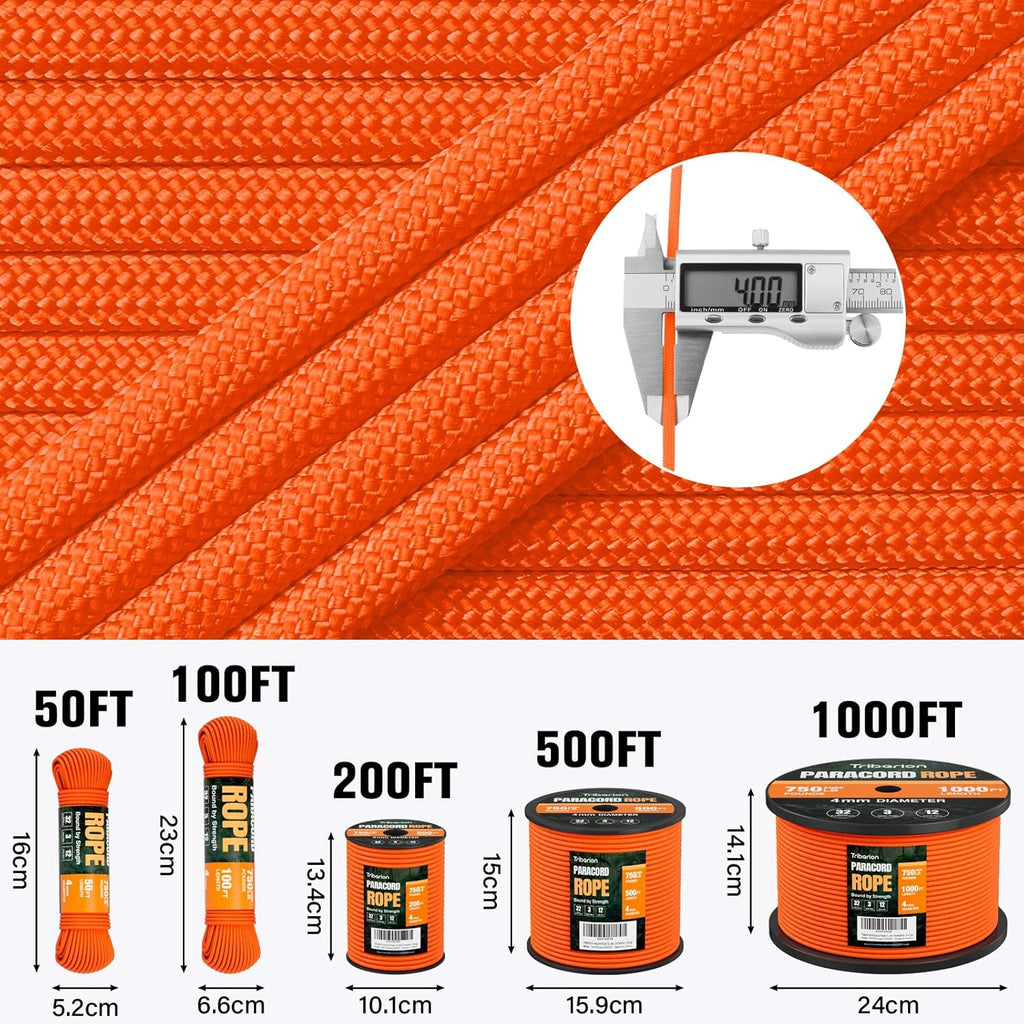 Paracord Rope 750 lb - 500ft Heavy Duty 12-Strand Parachute Cord | Durable Orange Survival Gear