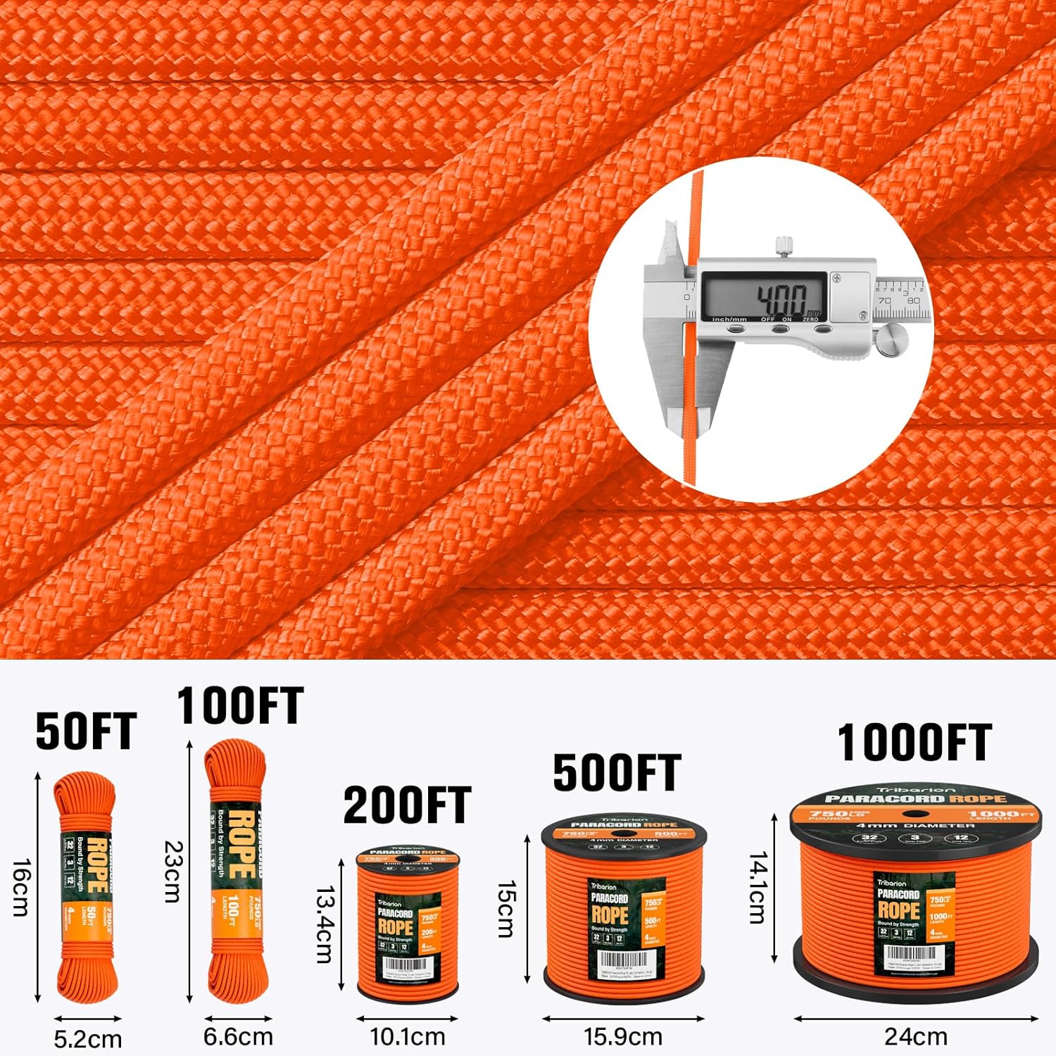 Paracord Rope 750 lb - 500ft Heavy Duty 12-Strand Parachute Cord | Durable Orange Survival Gear