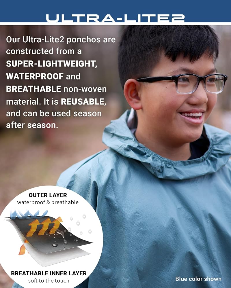 Frogg Toggs Ultra-Lite2 Waterproof Rain Poncho for Youth - Blue (Variation: Blue+Youth)