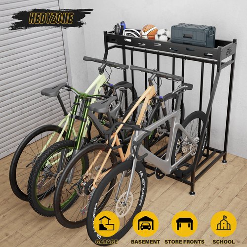 Hedyzone 4 Bike Stand Steady Bike Rack Garage with Baskets Storage Indoor Bike Storage Rack Metal Floor Bicycle Station for Parking Suitable for Mountain, Hybrid, Adult and Kids Bikes