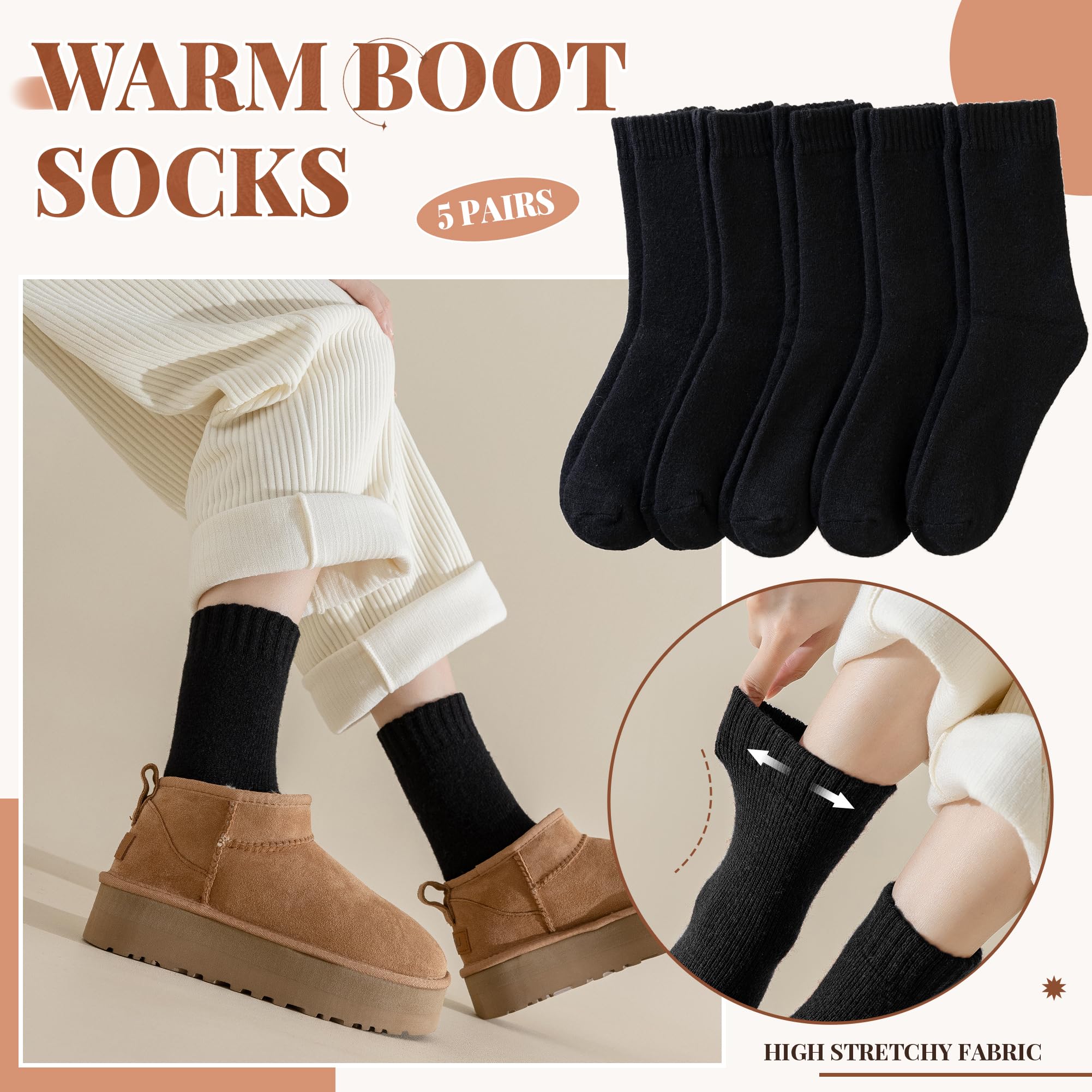 Velice Merino Wool Socks for Women 5 Pairs Warm Winter Hiking Thick Thermal Cozy Boot Work Soft Ladies Crew Socks(5 Pairs Black Socks)