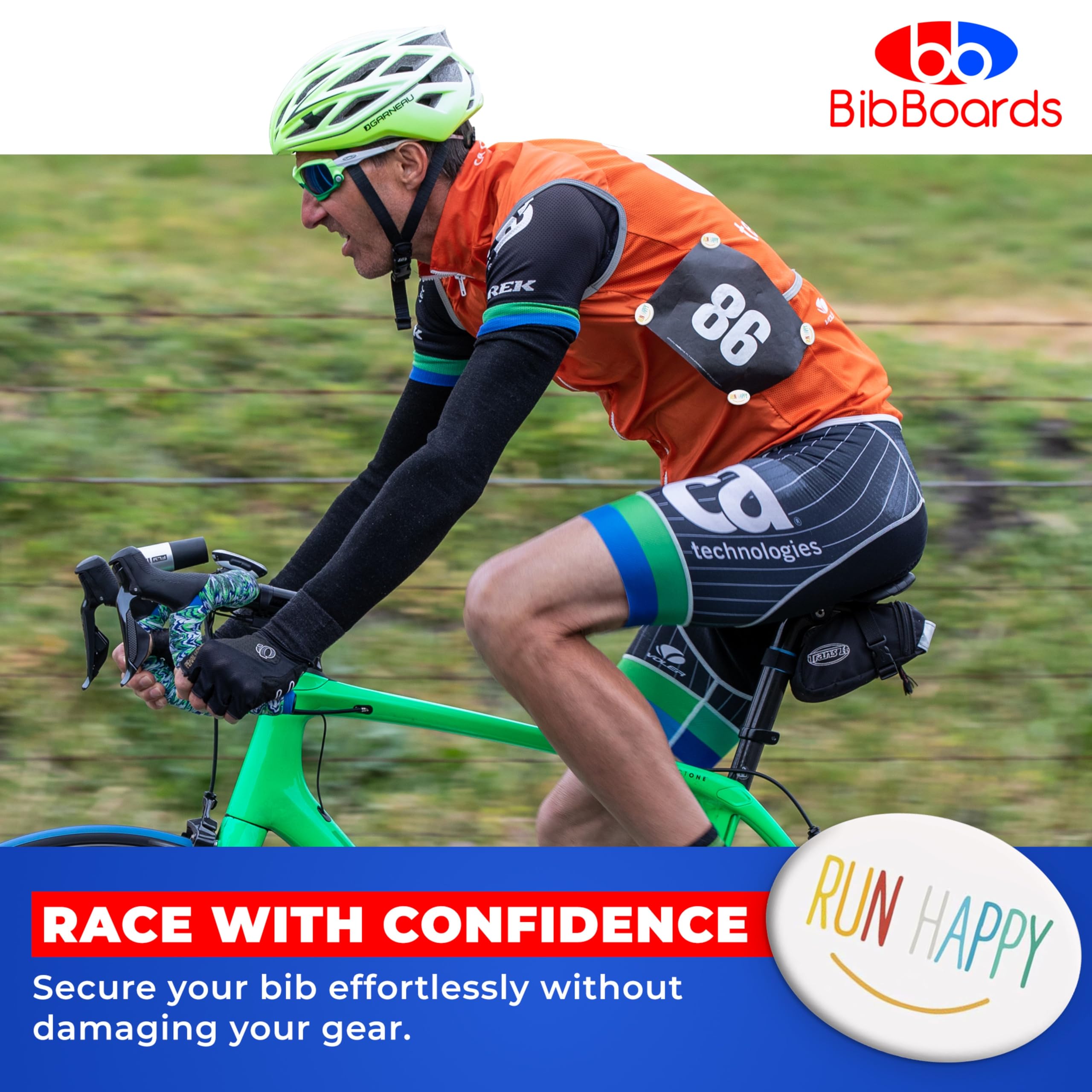 bibSNAPS Race Bib Clips - Safety Lock Fasteners - Secures Running, Marathon, Cycling and Event Number, Non Magnetic, Easy to Use, Soft & Reusable - Replacement for Pins & Magnets - Run Happy (4pcs)