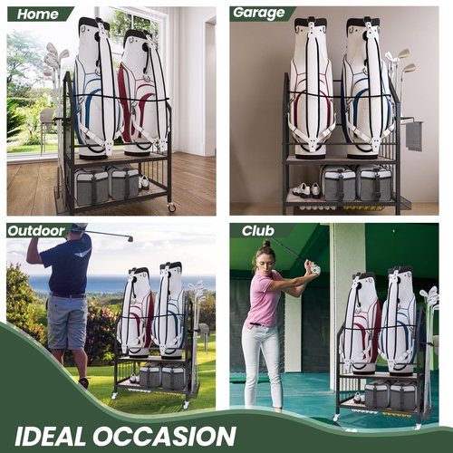 FLYJOE Golf Bag Organizer Storage Golf Bag Rack for Two Golf Bags with Clubs Holder and Golf Equipment Accessories Movable Lockable Wheels for Garage