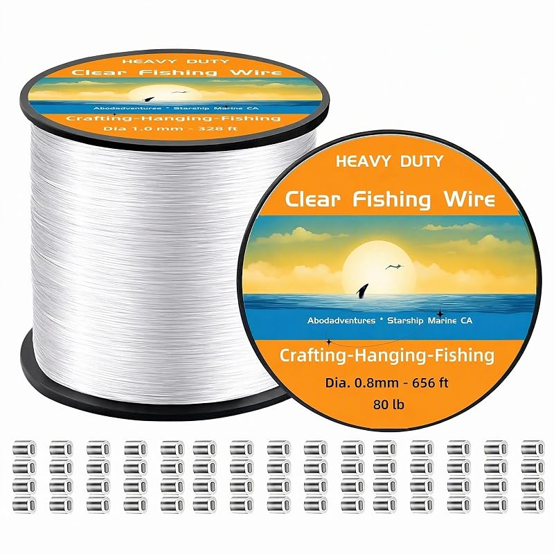 0.8 mm Clear Fishing Line 656 ft – Heavy-Duty Nylon Monofilament with 100 Crimp Sleeves