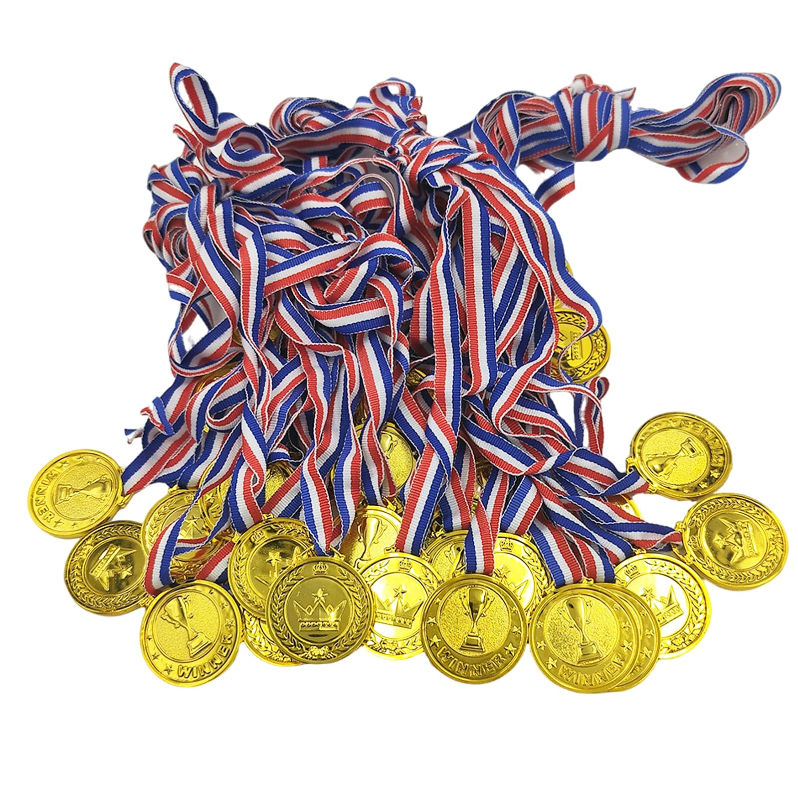 Pemalin 30 Pcs Gold Winner Medals Bulk for Kids, Trophy Team Prize Gifts, Children's Plastic Golden Awards Medals with Neck Ribbon for Sports, Games Competitions, Party Favors and Decorations