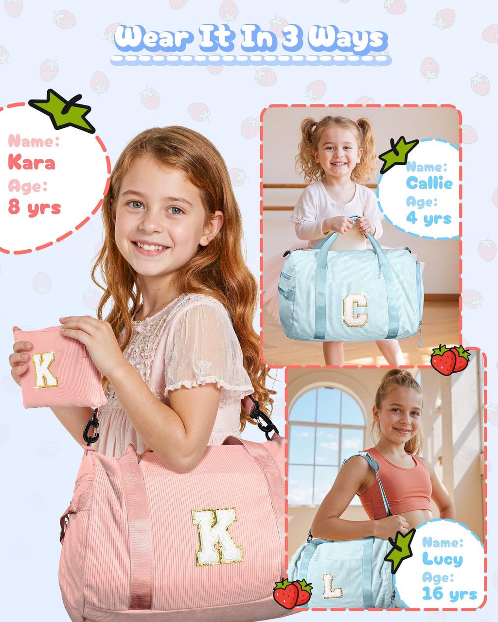 Vogewood Trending Gift for 7 Year Old Girl, Girls Gym Bag, Kids Personalized Dance Bags with Shoe Compartment, Customized Travel Duffle with Toiletry Bag, Dorm Room Essentials (Letter M)